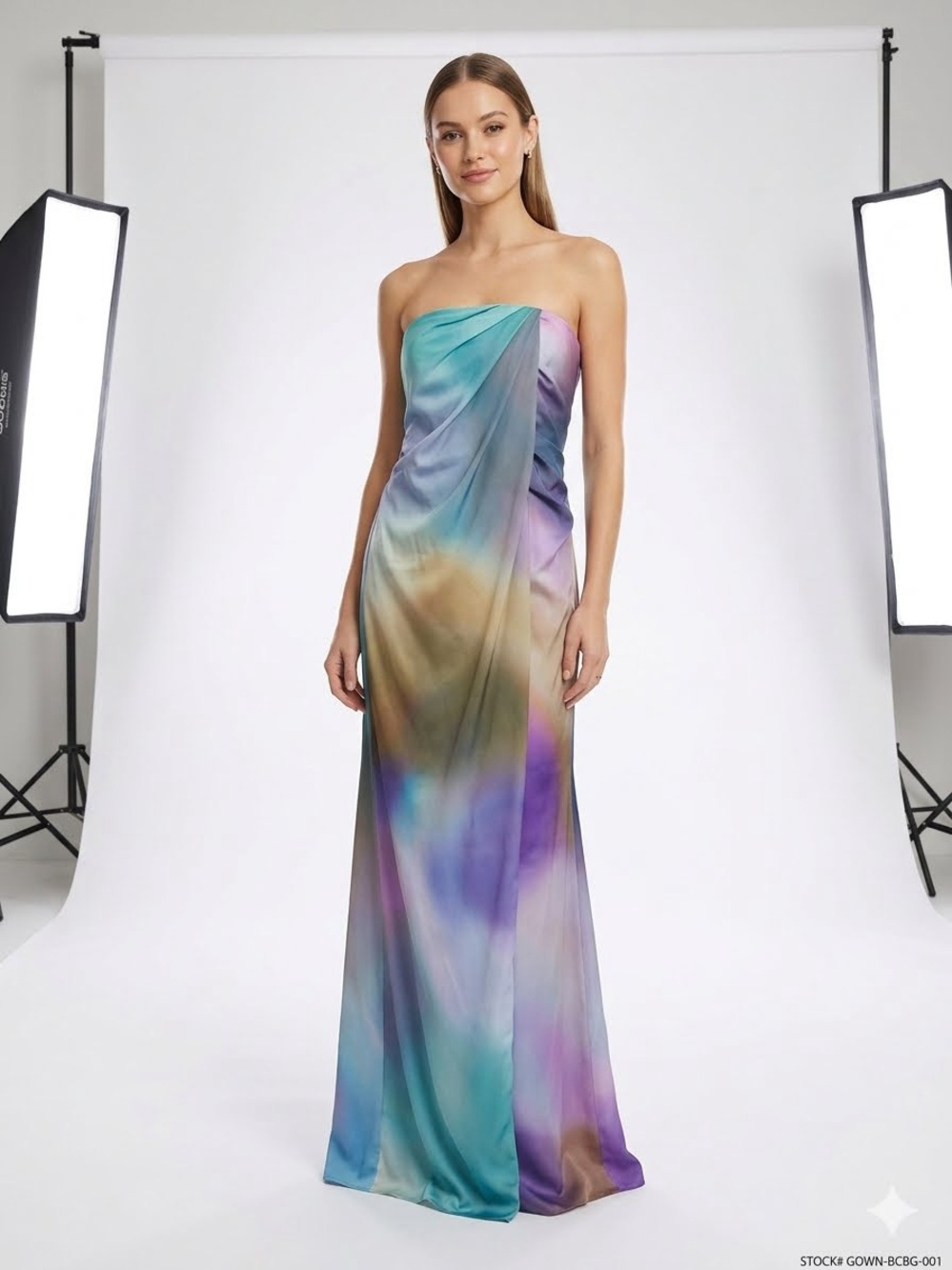 BCBGMaxAzria Strapless Watercolor Satin Gown - Teal, Purple, Gold